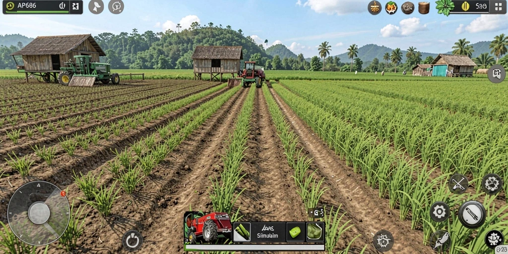Tampilan screenshot AP686 menunjukkan aktivitas pertanian yang seru dan dinamis.