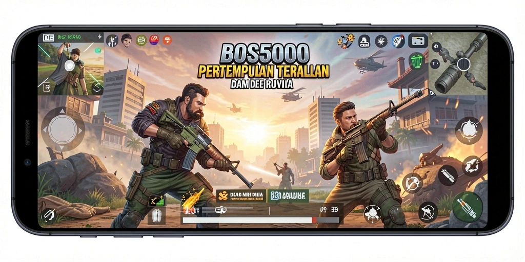 Screenshot gameplay dari pertempuran seru BOS5000 di arena Battle Royale.