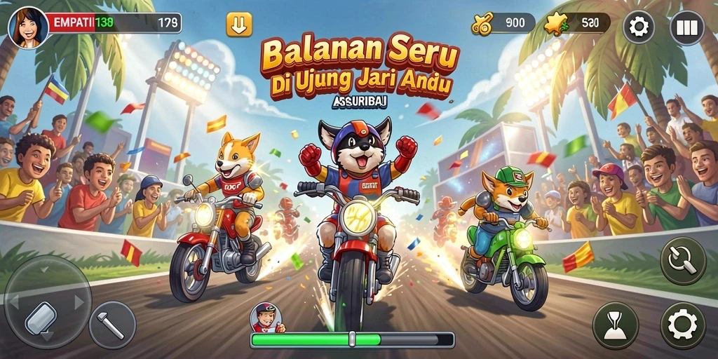 Screenshot menunjukkan balapan intens dengan kendaraan cepat dan trek menantang.