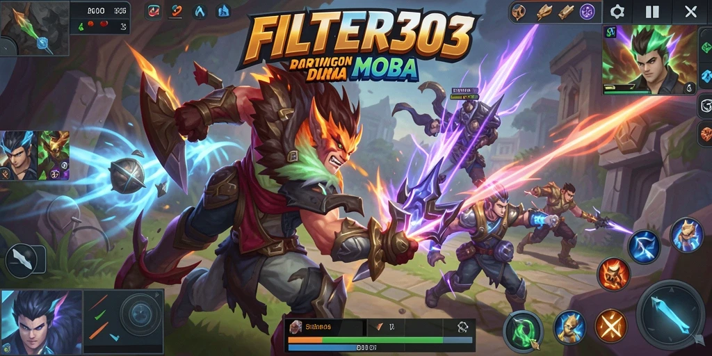 Screenshot utama FILTER303 menampilkan aksi seru di arena MOBA.