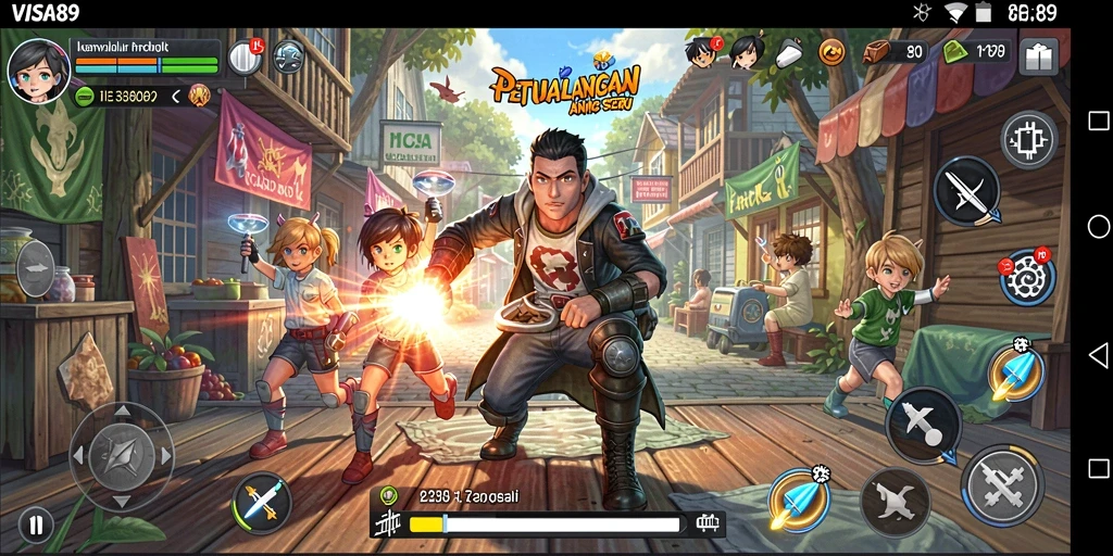 Tampilan seru gameplay dalam dunia Anime yang penuh warna.