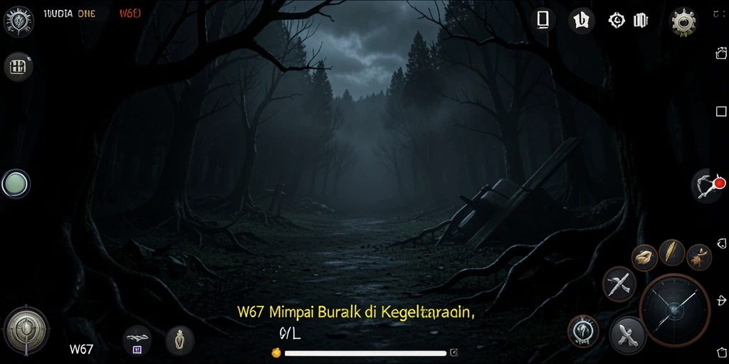 Tampilan gameplay seram dalam suasana gelap dan mencekam.